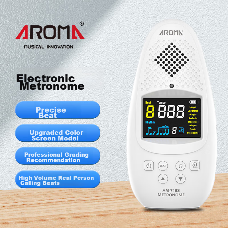 AROMA Voice Electronic Metronome, Universal for Piano And Guitar, Magic Egg AM-716S, White Rechargeable Model with Color Scree