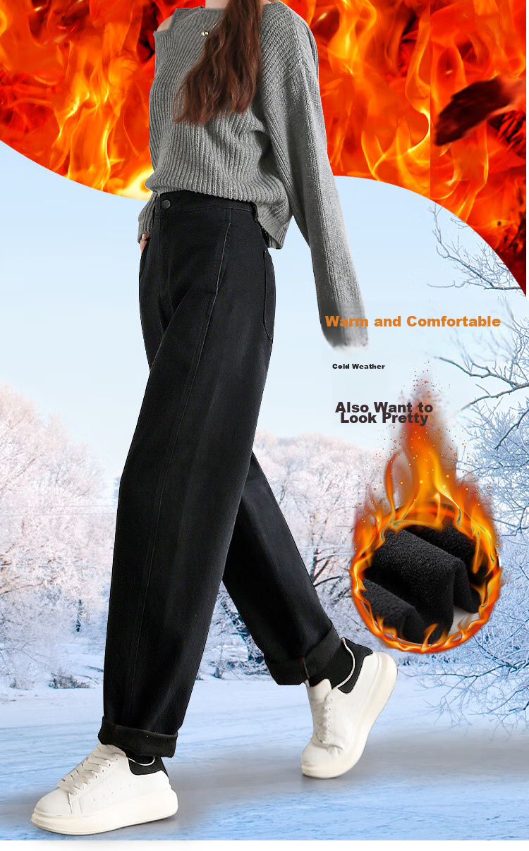 Dme Loose-Fitting Dad Pants Winter Harem Pants Women's Carrot Pants Fleece-Lined Jeans Women's Fleece-Lined Night Black S 15
