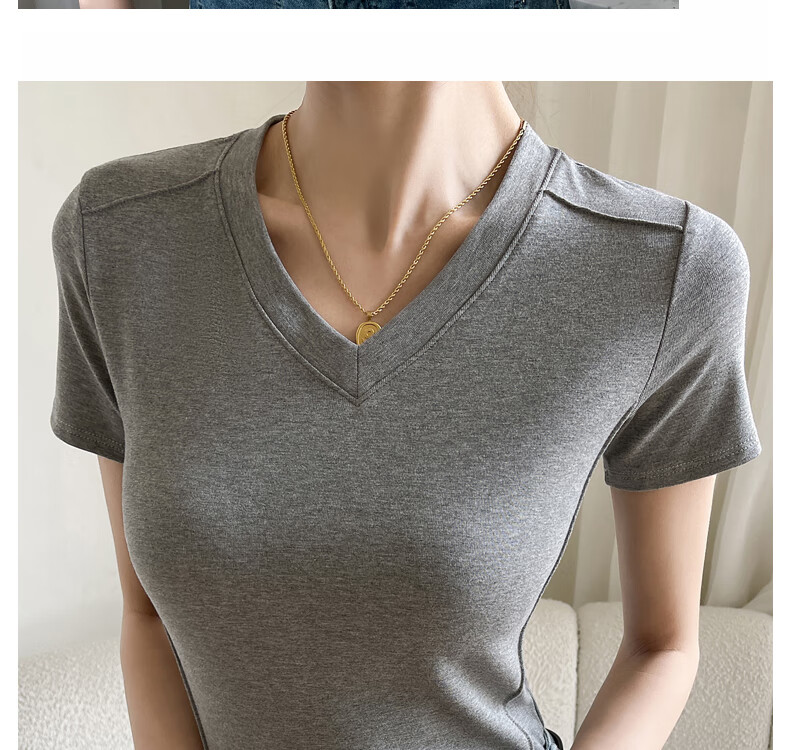 Langsha Women's Summer Short Sleeve V-Neck Slim Fit Modal Basic Top 23