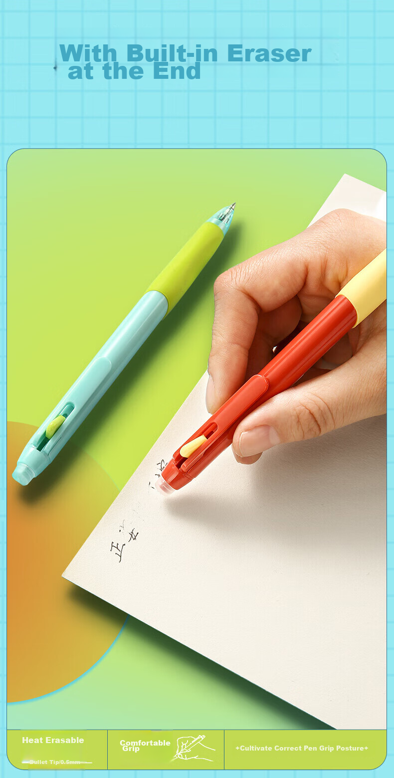 M&G Stationery Erasable Gel Pen with Comfort Grip Design, Retractable Bullet Tip 0.5mm Crystal Blue Color for Elementary School Students, Red Barrel 4-Pack AKPK0404B2 6