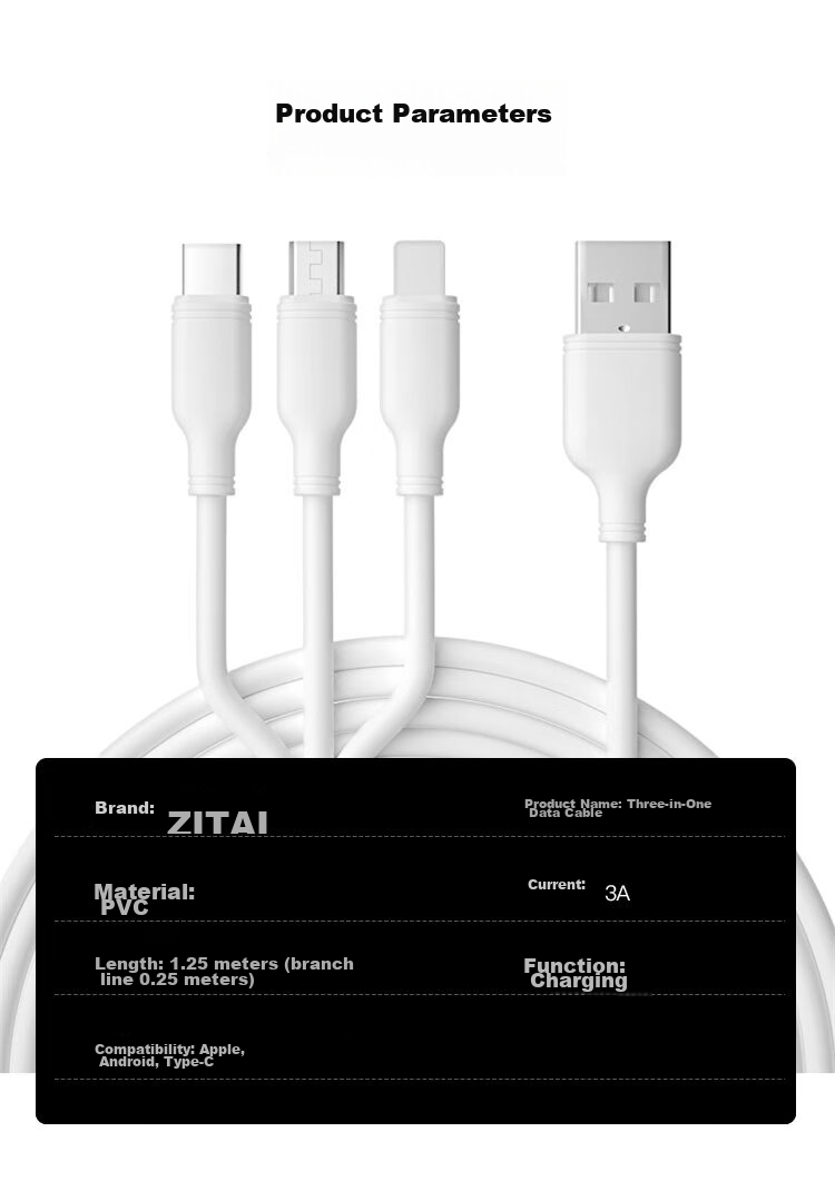 Zitai Three-In Data Cable Charger Set for Apple And Huawei Phones, Fast Charging for IPhone 18/17/16/15/14/13, Huawei 2A Charger + 1.2m Three-In White 7