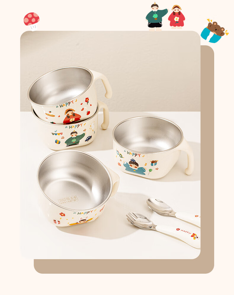 TREEJACK 316L Stainless Steel Single Handle Children's Feeding Bowl Baby Double Layer Anti-Drop and Anti-Scald Rice and Soup Bowl 10