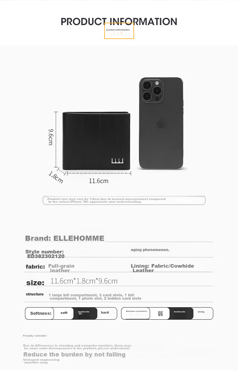 ELLE HOMME Men's Short Wallet, Top-Grain Leather Multifunctional Card Holder, Horizontal Style Billfold 2120, Birthday Gift for Me 6