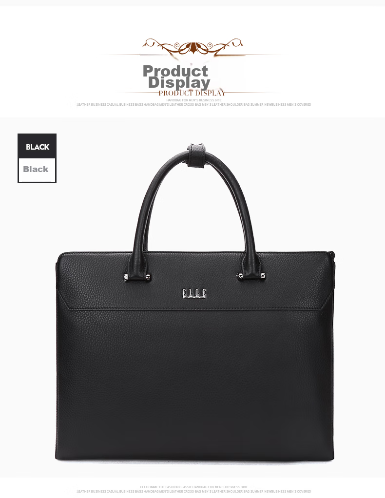 ELLE HOMME Men's Business Briefcase, Handheld Work Bag Horizontal Style Top Layer Cowhide Laptop Bag Large Capacity Fashionable Men's Bag EA888200411 Black 9