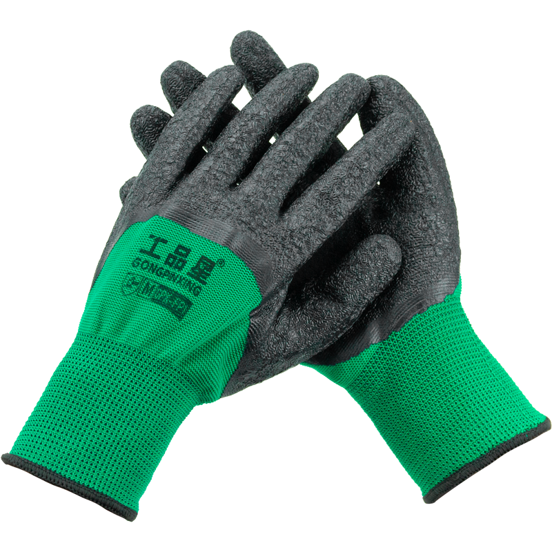 Gongpinxing Labor Protection Gloves, Latex-Coated Leather Wrinkled Gloves, Non-Slip Wear-Resistant Work Gloves for Construction Sites And Industrial Activities, Wrinkled Full Latex [60 Pairs] Green And Black Nitrile [Beijing Warehouse]