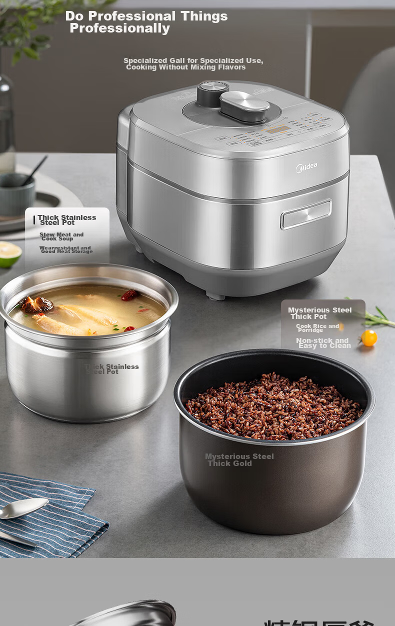 Midea 0 Coating Electric Pressure Cooker, 5L Large Capacity, Home Use, Quick Tendering Sensation, Dual Inner Pot, IH Fully Automatic Intelligent Reservation, Soup Cooking, Rice Cooking, Electric Rice Cooker, High-Pressure Cooker S5177K 12