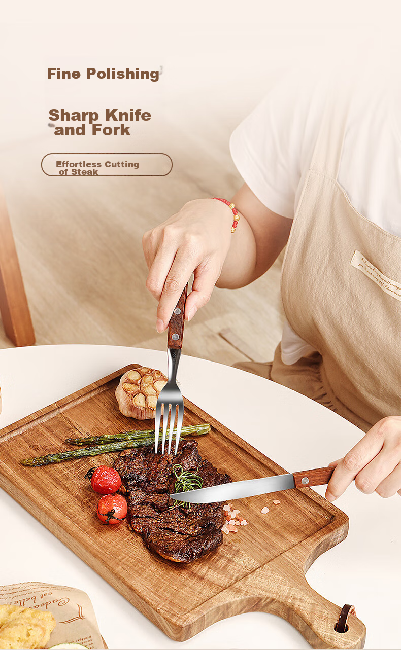 CRISTALGLASS 304 Stainless Steel Steak Knife And Fork Set, Rosewood Handle Thickened Cutlery Set for Western Cuisine 4