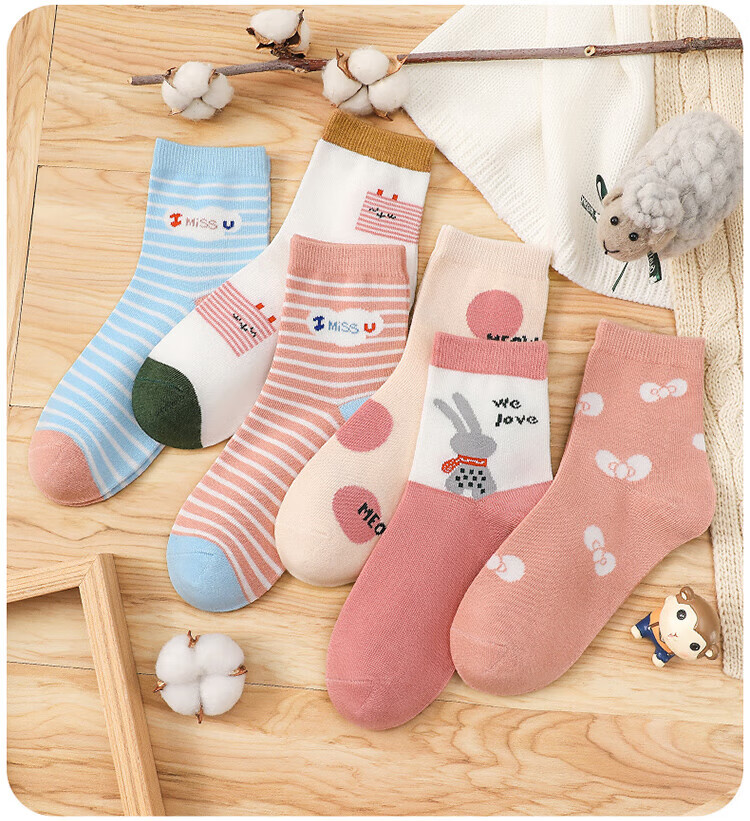 LangSha Children's Socks, Girls' Mid-Calf Socks for Spring, Autumn, And Winter, Cotton Socks, Breathable Baby Socks, Student Mid to Big Kids Socks, 6 Pairs 13