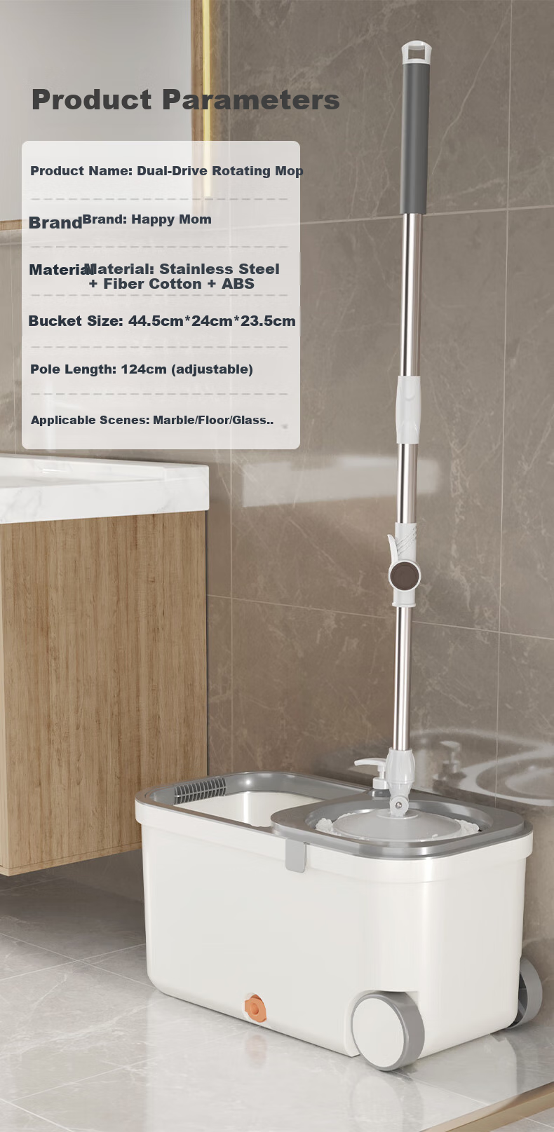 Happy Mom Rotating Mop with 2 Heads, Household All-In No Hand Washing Required, 2025 New Lazy Person's Tool Mop with Bucket And Wheels 9