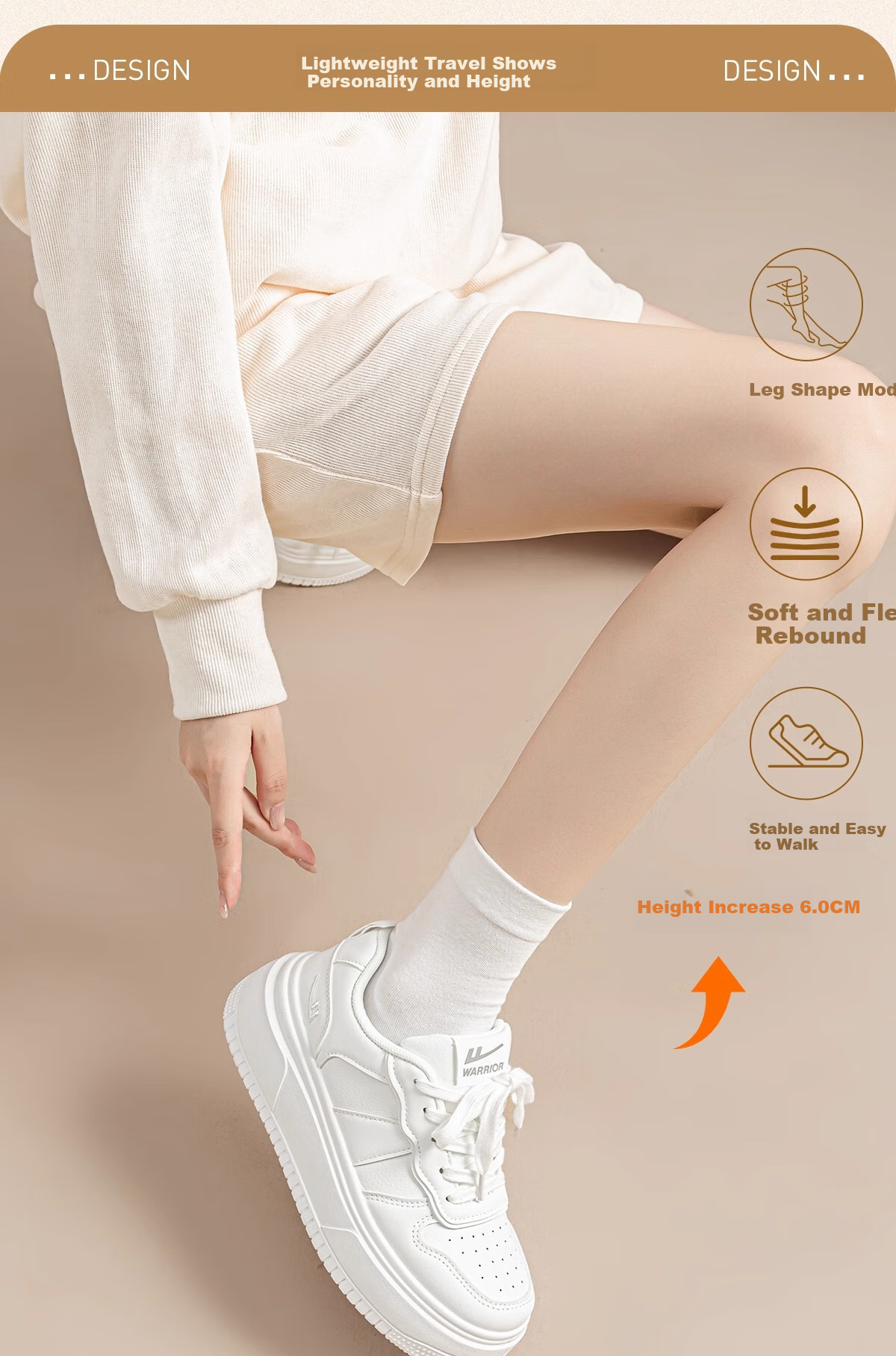 Warrior Women's Shoes, White Sneakers, Skateboard Shoes, New Spring 2026 Leather Dad Shoes, Thick-Soled Heightening Versatile Casual Sports Shoes 6