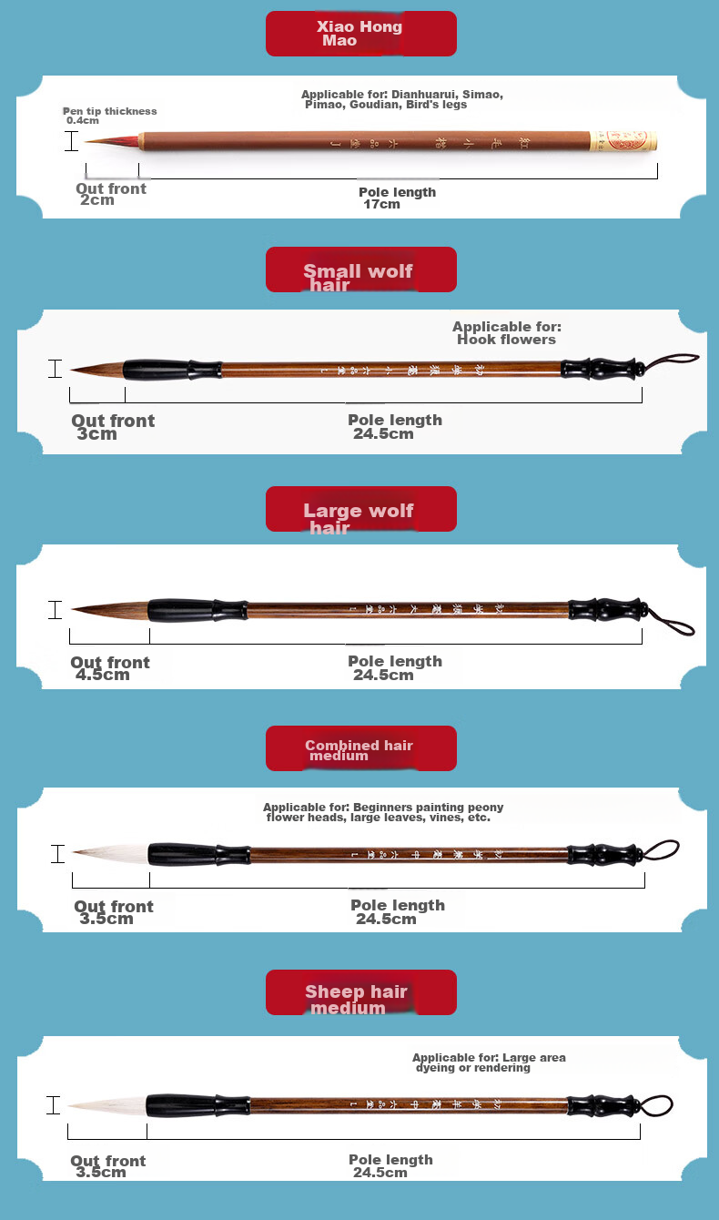 Liupintang Chinese Painting Brush Set, Mixed Hair And Goat Hair Outline Brush White Cloud Brush, Student Chinese Painting Fine Brush Calligraphy Pigment Painting Brush 7