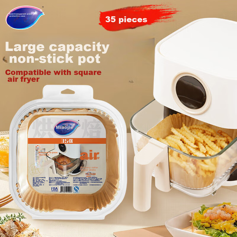 MIAOJIE Air Fryer Paper Trays, 35 Pieces, Widened Design, Double-Sided Silicone Coating for Non-Stick, Baking And Roasting Oven Use