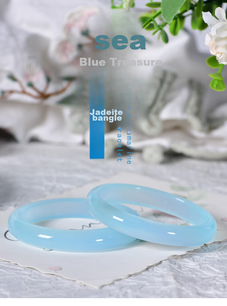Jingying [Premium Grade] Jade Bangle for Women, Sea Blue Color, Ice Jade Chalcedony Bracelet, Birthday Gift for Wife Or Girlfriend 1
