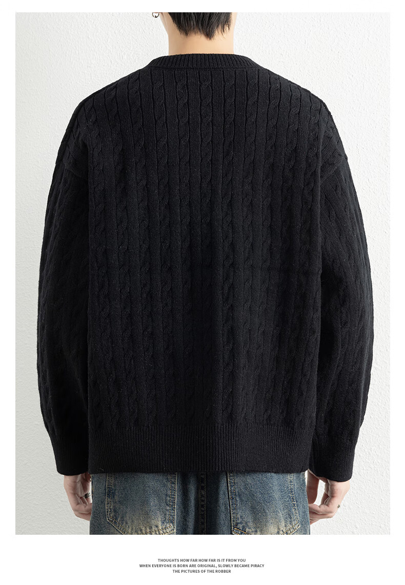 ROMON Men's Knitted Cardigan Spring Autumn Casual Loose Drop Shoulder Sweater Round Neck Jacket Black M 7001 9