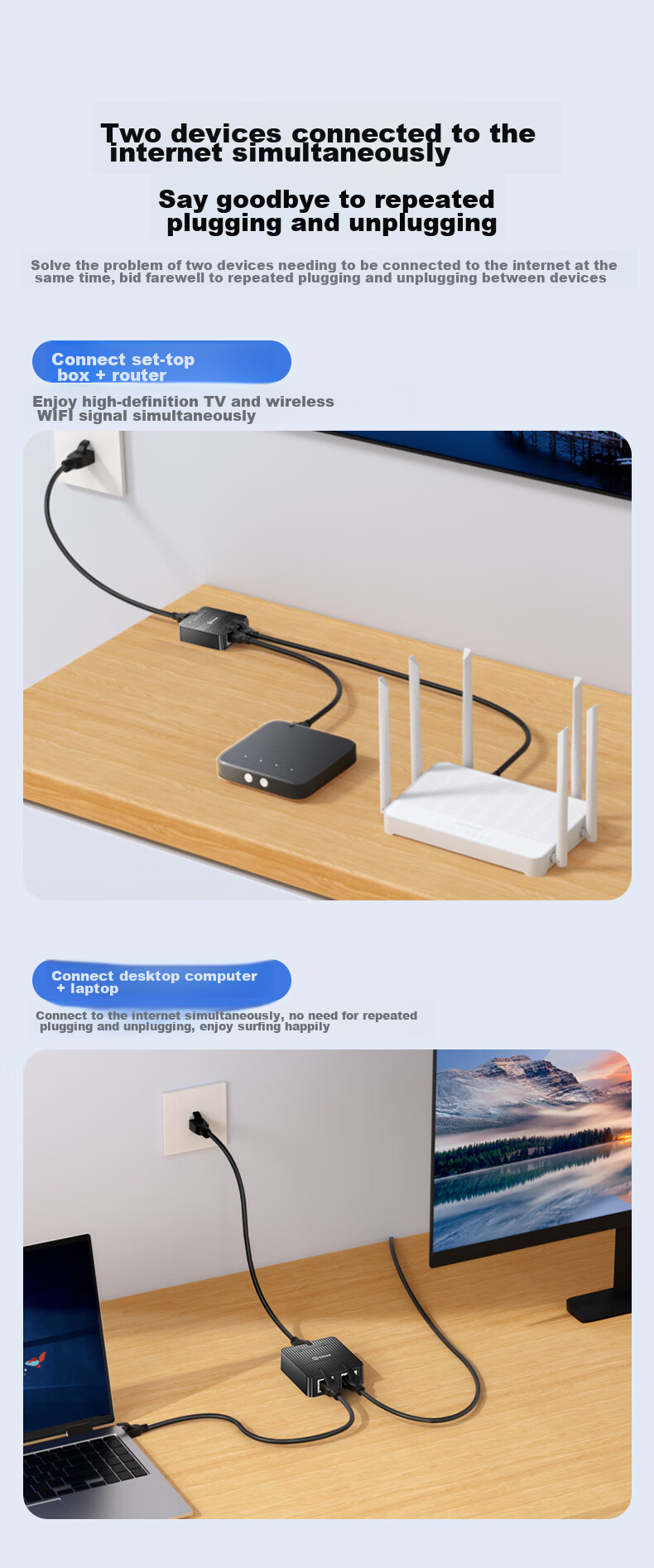 BIAZE Network Cable Splitter Two-In Gigabit Network Extender Simultaneous Internet Connection RJ45 Network Extension Connector Three-Way Head Broadband Router Interface Splitter 5