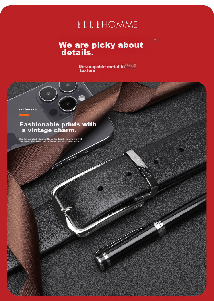 ELLE HOMME Men's Belt, Top-Grain Leather Buckle + Pin Buckle Belt, Stainless Steel Buckle Set, Birthday Gift for Me 7