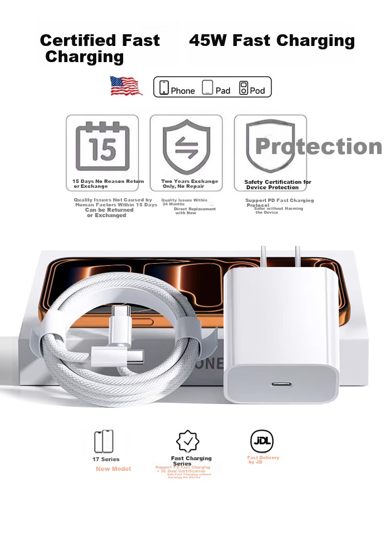 DIVI Apple 45W Charger Set for iPhone 17/16/15 Pro Max GaN Fast Charger Type-C Quick Charge Adapter Original 2m Data Cable 3