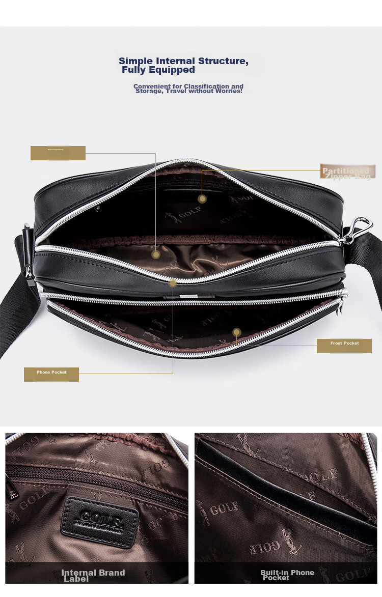 GOLF Shoulder Bag for Men, Top-Grain Leather with Microfiber Crossbody Bag, Business Commute Contrasting Color Messenger Bag, Black 7