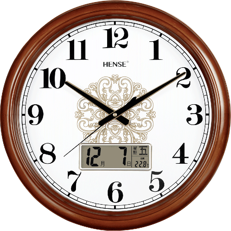 Hense Chinese-Style Solid Wood Wall Clock, Living Room Perpetual Calendar Clock with Temperature Display HW91 with Date Function, 42cm