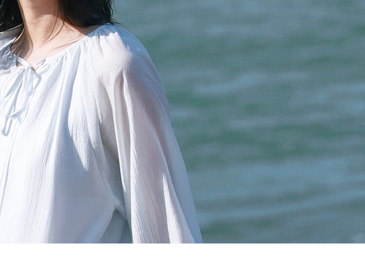 Dme First Love Style Light Blue Dress, Round Neck, Tie-Up Collar, Fairy-Like Long Sleeve Dress for Women, Light Blue, M 9