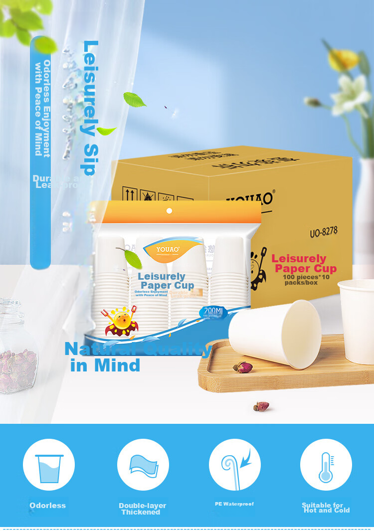 YOUAO Disposable Paper Cups, 1000 Pieces, 200ml Thick Eco-Friendly Cups in Box (10 Packs), Commercial Office Wholesale 1