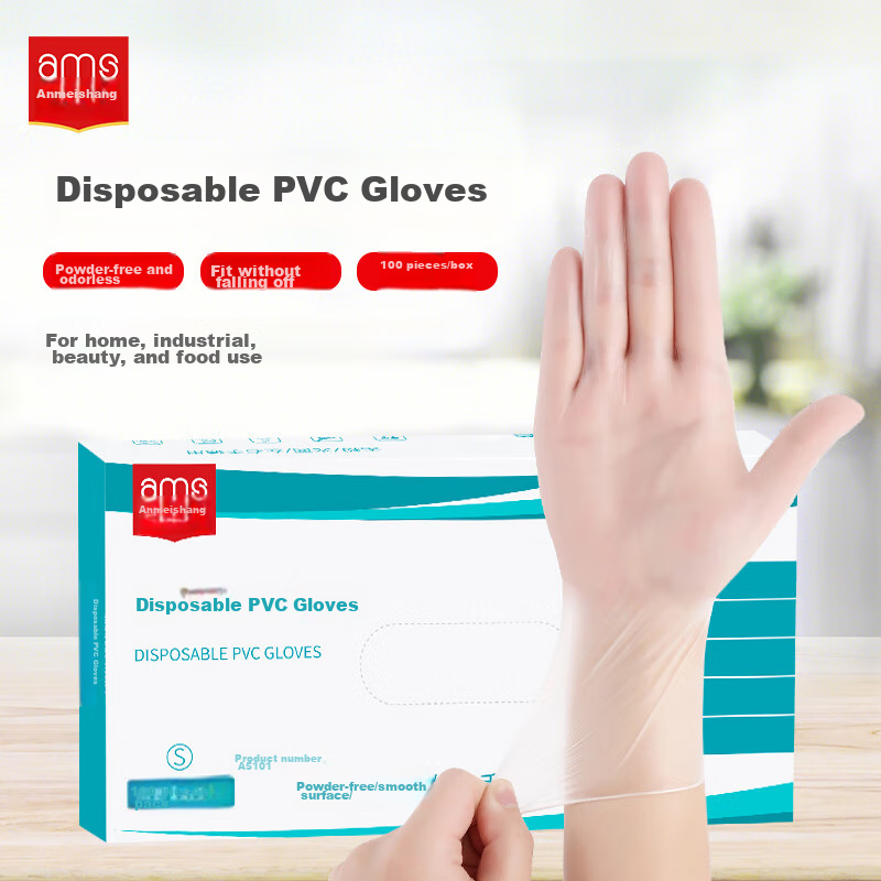 Ams Disposable Gloves, Food-Grade PVC Gloves, 100 Pieces, L Size, Durable Waterproof Gloves for Catering, Baking, Laboratory Work, Kitchen, Oil-Proof, Household Chores, Dishwashing, Thickened Gloves