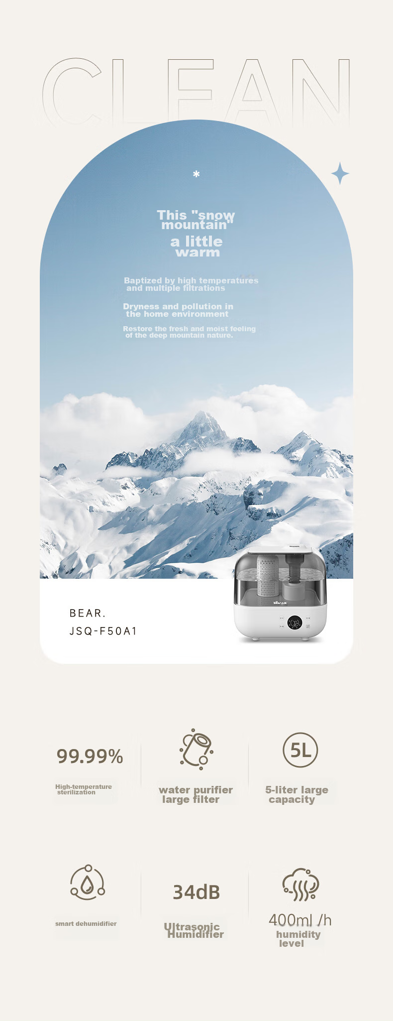 Bear [High-Temperature Sterilization] Humidifier, Home Bedroom Maternal And Infant Large Mist Air Humidifying Purifier, Office Desk Small Humidifier Aromatherapy Box JSQ-F50A1 3
