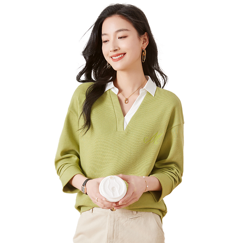 Chushen Women's Autumn And Spring Sweatshirt with Lapel Collar, Contrasting Color Splicing Design, Letter Embroidery, Casual Long-Sleeve Top S13KW1744