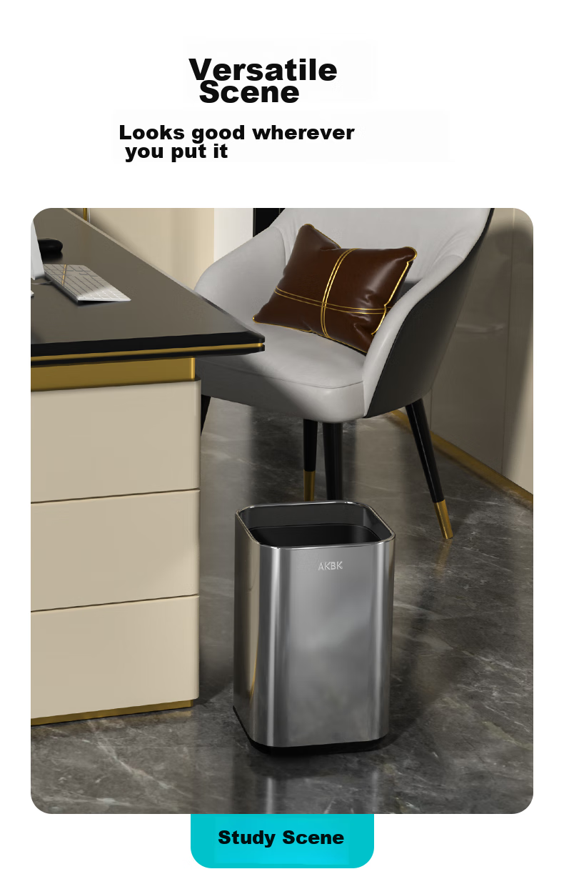 AKBK Stainless Steel Trash Can 15L Silver Large Square Bin for Living Room, Kitchen, Bathroom, Luxury Hotel, Office 9
