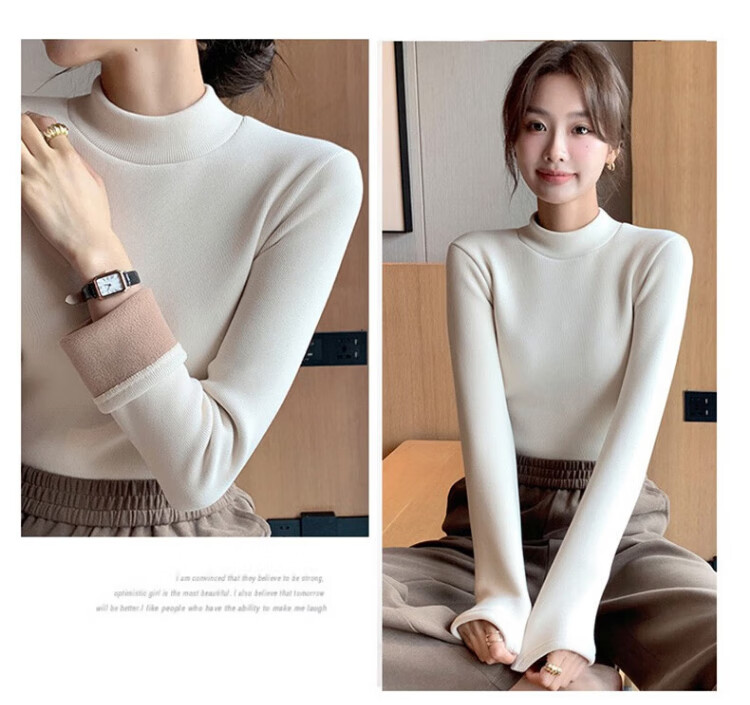 LangSha Autumn Winter Fleece-Lined Thickened Half Turtleneck Base Shirt for Women 7A Antibacterial Mite-Resistant Lamb Fleece Thermal Innerwear 17