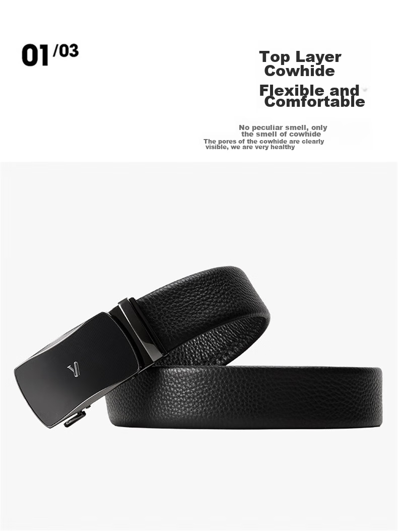 Yierkang, Gift for Boyfriend Or Father, Top-Grain Leather Automatic Buckle Belt, Trendy Suit Trouser Belt, Men's Leather Belt, Black 5