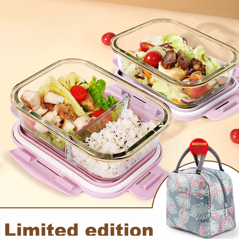 Demas Heat-Resistant Glass Food Storage Containers, Microwave-Safe Lunch Boxes for Office Workers, Nordic Pink 410+Compartment 680ml+Bag