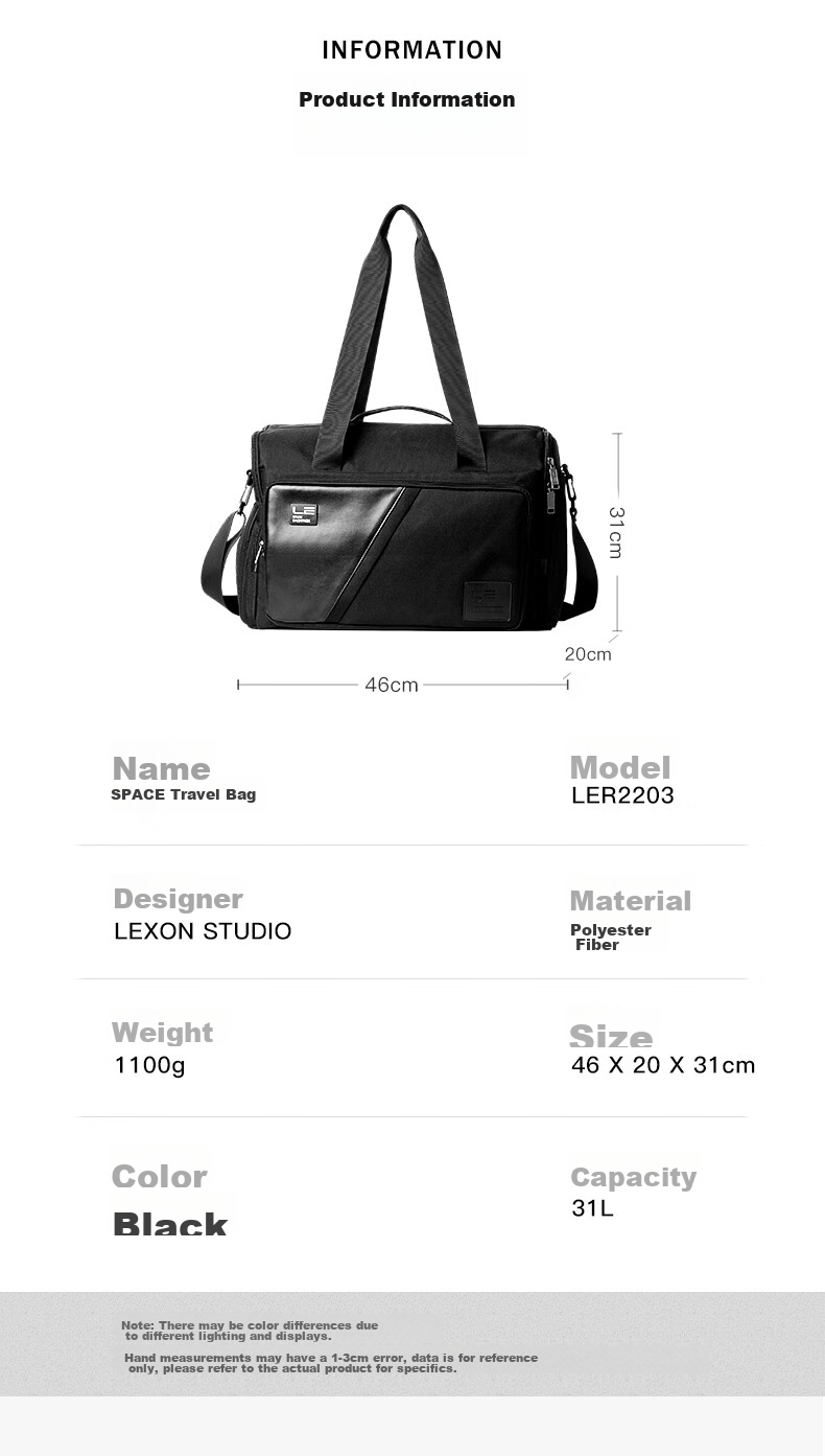 LEXON Travel Bag, Men's Handheld Large Capacity, Short-Trip Business Trip, Tourism Luggage Bag, Wet And Dry Separation with Shoe Compartment, Black 4