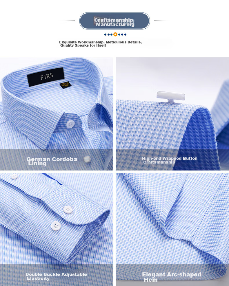 FIRS [200 Thread Count DP Wrinkle-Free] Men's Long Sleeve Shirt, Pure Cotton High-End Business Houndstooth Shirt, Blue, Size 38 5