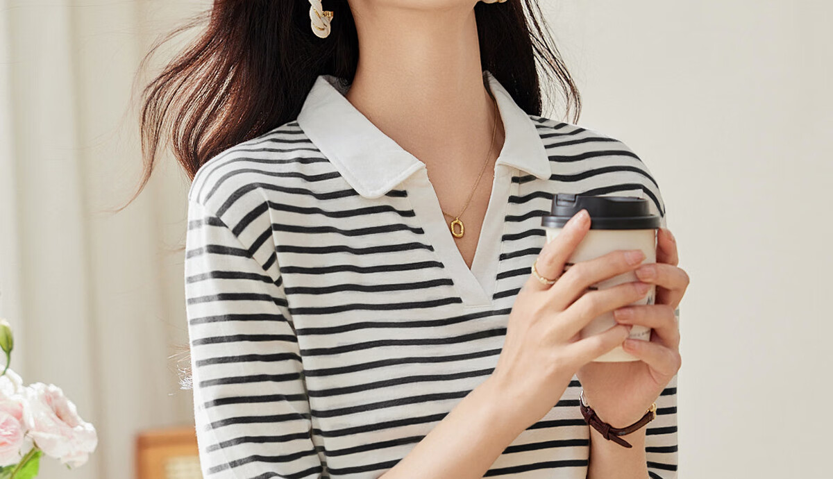 PinCai Women's Summer Short Sleeve V-Neck Polo Shirt Striped Letter Cherry Fashion Base Top P143T1550 16