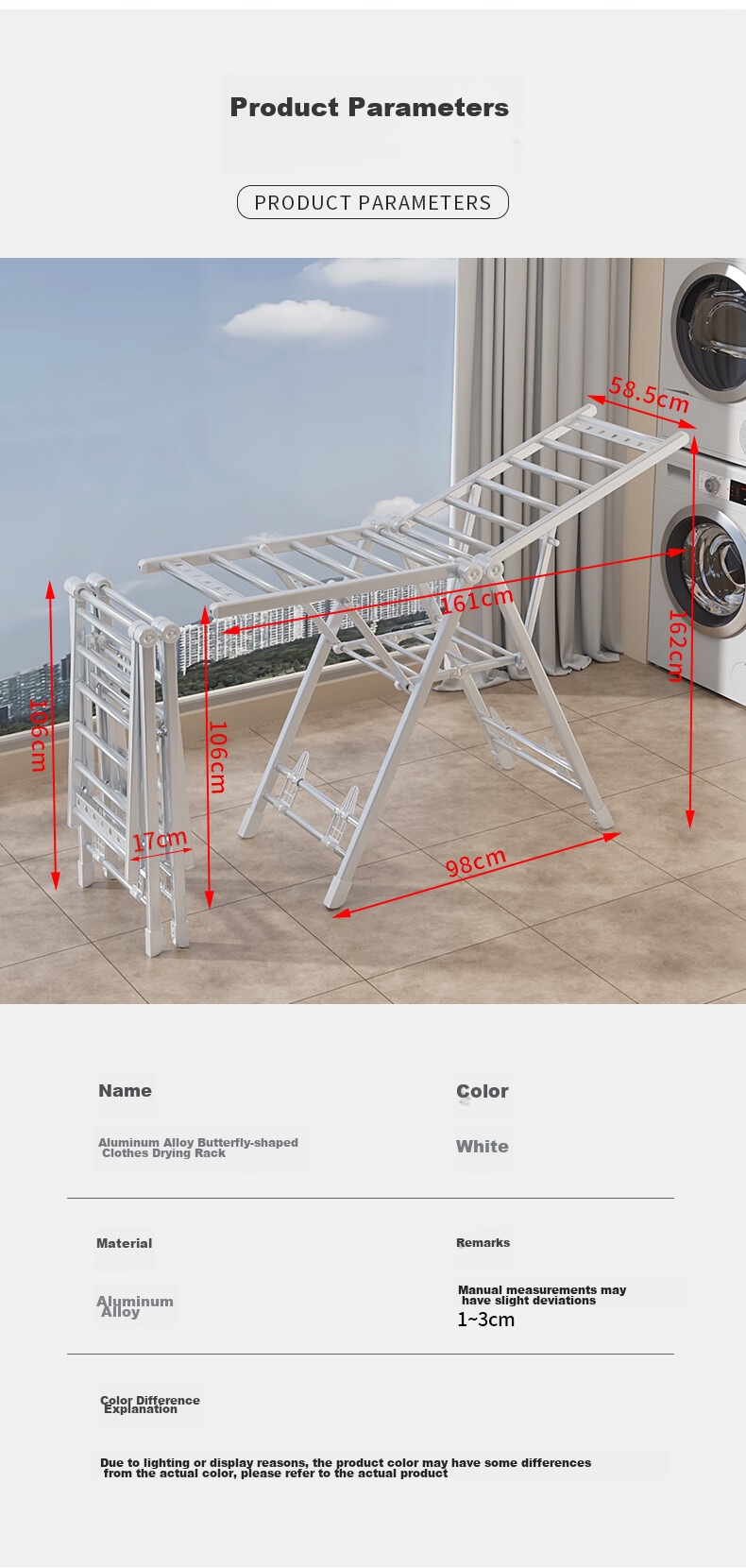 HKG Aluminum Alloy Wing-Shaped Folding Clothes Drying Rack for Balcony, Indoor And Outdoor Use, Suitable for Hanging Clothes And Quilts, 1.6m 15