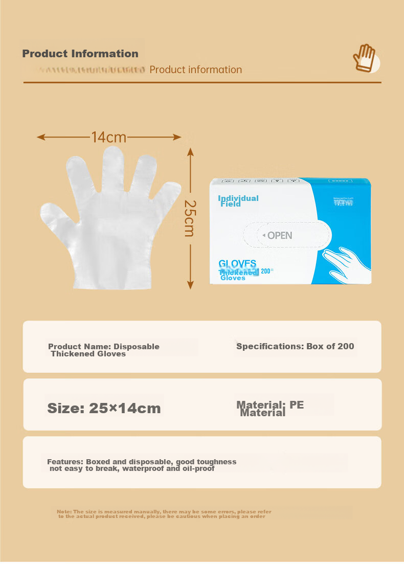 Temeiju Disposable Gloves, 200 Pieces Per Box, Pull-Out Style Food Gloves, Thickened Leak-Proof Plastic PE Gloves, for Kitchen And Baking 12