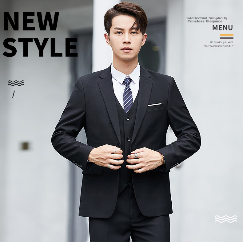 ROMON Men's Suit Set, Business Slim Fit Formal Wear, Wedding Suit, Men's Clothing Three-Piece Set, 2318 Black XL 1