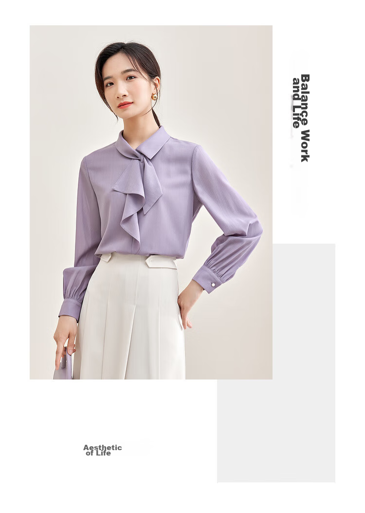 Sentubila Elegant Ribbon Blouse for Women, Spring Women's Wear, Light And Fashionable Long-Sleeve Chiffon Blouse, Versatile Commuter Top 3