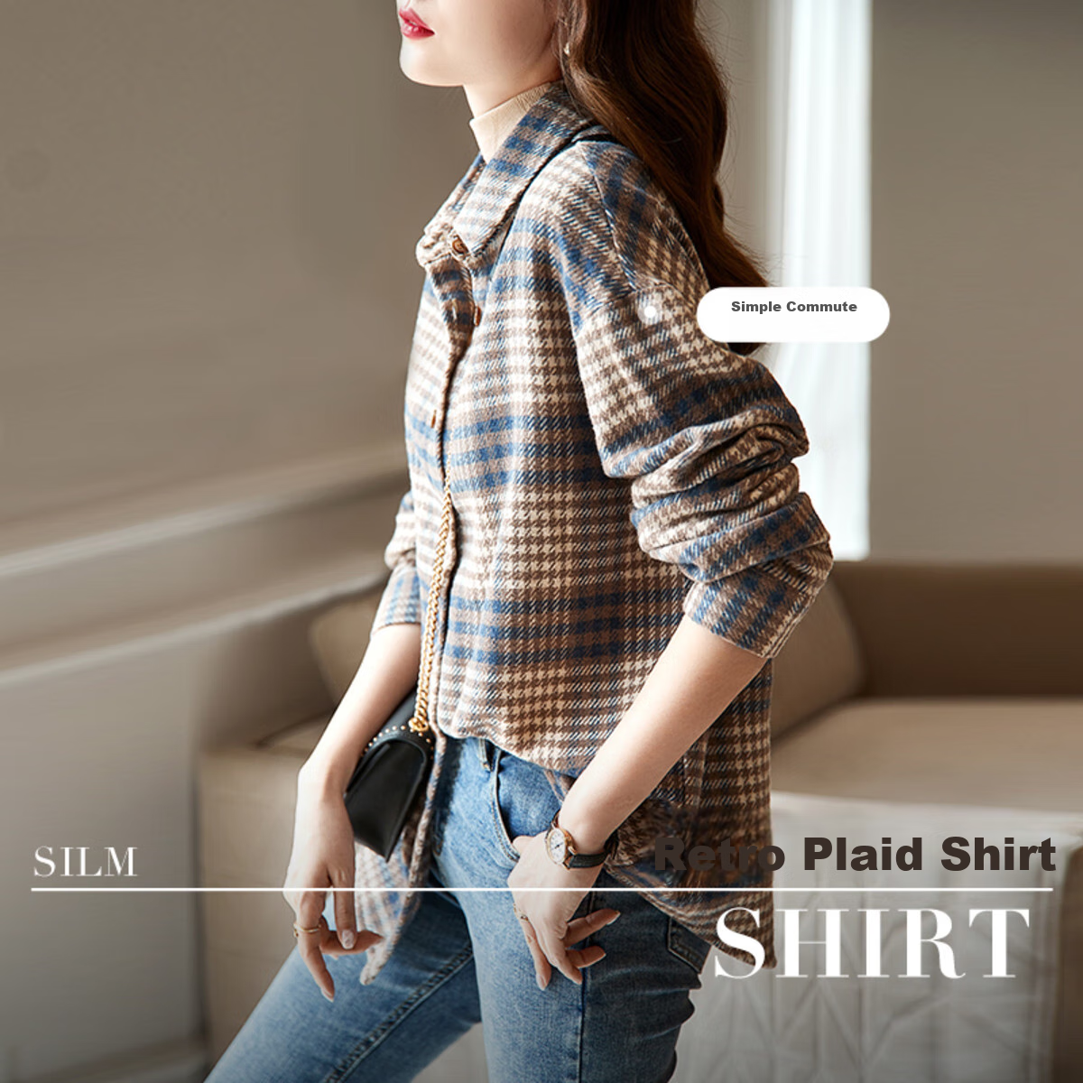 Dme [Retro Commuter Layered Plaid] Simple Loose Drop-Shoulder Shirt, Contrasting Color Warm Blouse, Women's Top