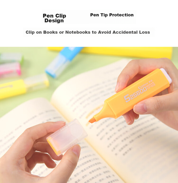 COMIX 6-Color Highlighters with Axe-Shaped Tips, Mixed Colors, 6 Marking Pens for Students' Key Points, Office Use, Study, Water-Based EHP02 Back-To Essential Colorful Markers for Students 6