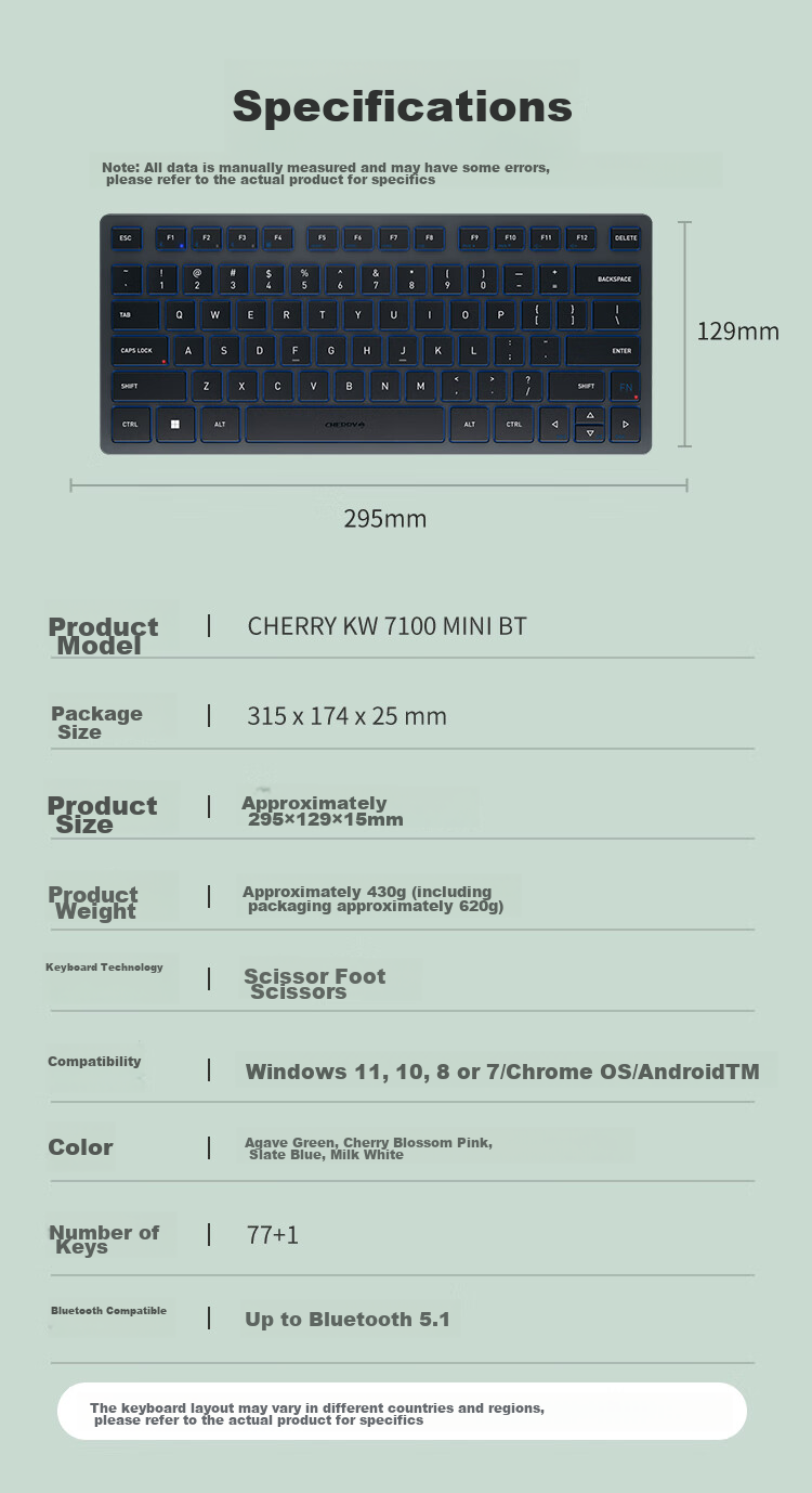 CHERRY KW7100 MINI Compact And Slim, Business Office Home Use, Portable Keyboard, Bluetooth Quiet Keyboard with Three-Port Connection, Membrane Keyboard Panel in Rock Blue 14