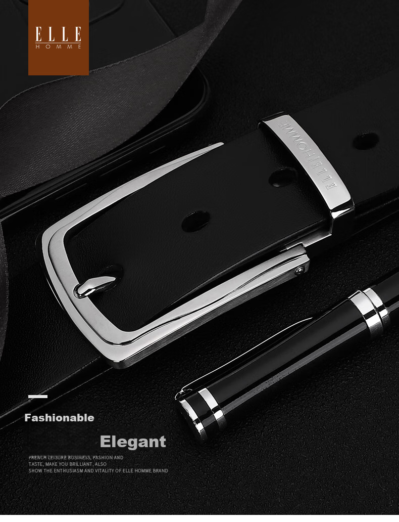 ELLE HOMME Men's Business Leather Belt, Top-Grain Cowhide Pin Buckle Waistband, Stainless Steel Buckle Trouser Belt, Birthday Gift for Me 1