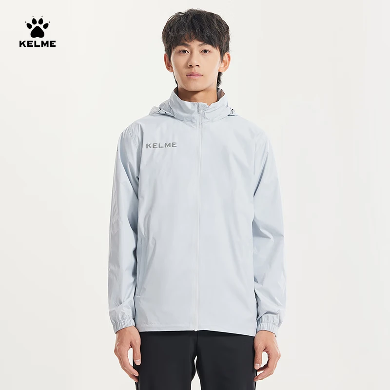 KELME Sports Jacket for Men, Windproof And Water-Resistant Coat, Hooded Football Training Jacket for Men And Women, Light Gray, 4XL