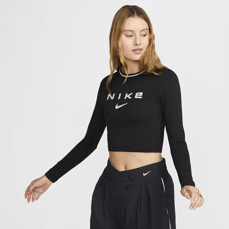 NIKE Spring And Summer Women's Long-Sleeve Round Neck T-Shirt, Sports Casual, Fitted Top FZ2859-100 White M 6
