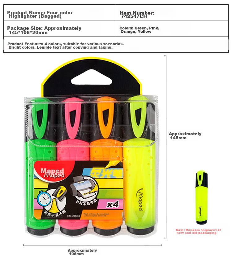 Maped Fluorescent Pen Set of 4 Colors, Highlighter Markers for Emphasis And Note-Taking, Thick-Tip Pens for Children, Students, Journaling, Drawing, Office Use, Study Stationery 740916CH 8