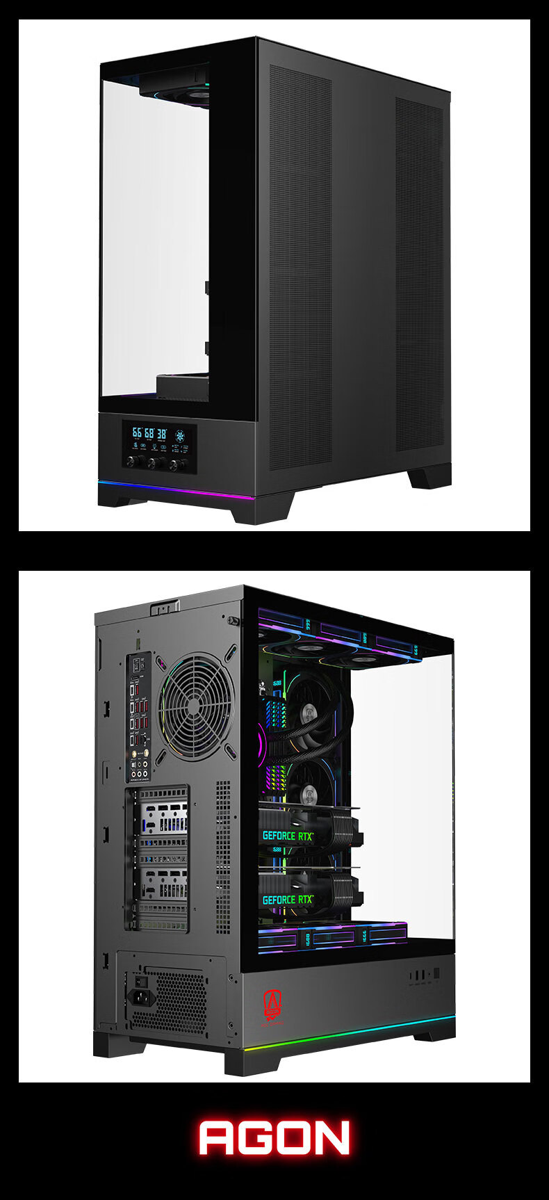 AOC ACG880B Black EATX Gaming PC Case, 270° Panoramic View Quick-Release Design, 9-Slot Dual Graphics Card Support, Compatible with 480mm Water Cooling, Digital Display Scree 9
