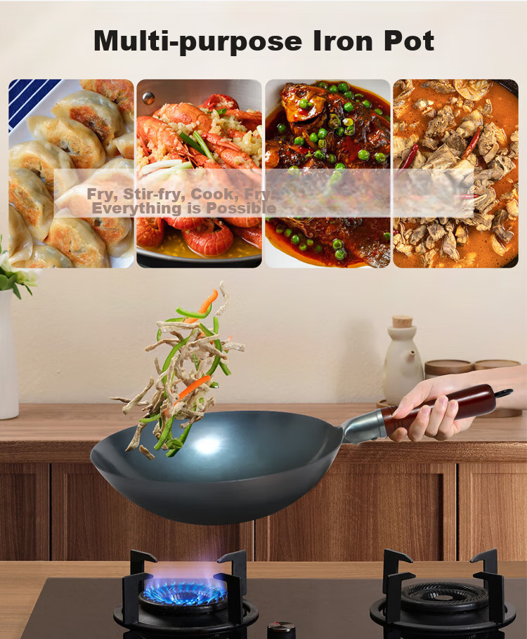 Jitiechui Zhangqiu Hand-Forged Iron Wok, Stir-Fry Pan, Non-Coated Physical Non-Stick Pan for Gas Stove, 34cm without Ear Handle with Lid 7