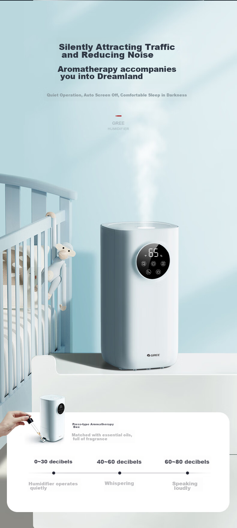 GREE Humidifier for Home Bedroom, Baby And Pregnant Women, Quiet Antibacterial Detachable Air Humidifier, Desktop Bedside Floor-Standing Office Living Room Large Mist Aromatherapy Practical Gift 50x62a 10