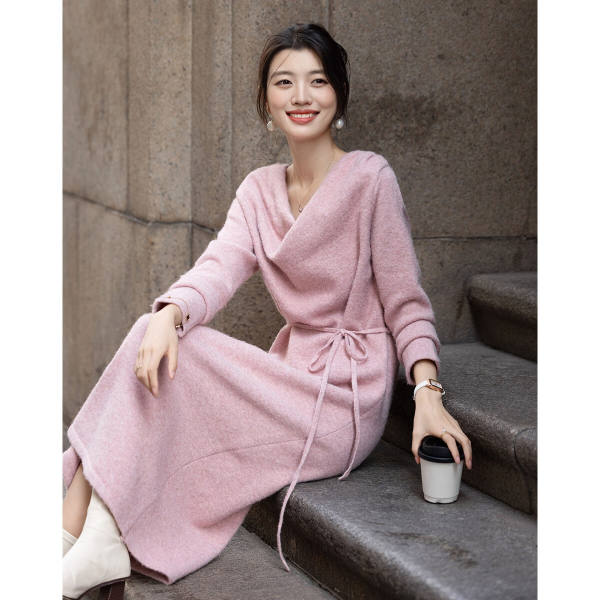 Demana [Quiet Luxury Wardrobe] Winter Fluffy Wool Asymmetric Collar Layered Loose Women's Dress